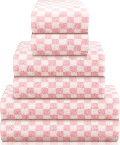 6 Set Kinlop Pcs Checkered Bath Towels Coral Washcloth Soft Fleece Quick Dry Patterned Hand Towel for Bathroom Back