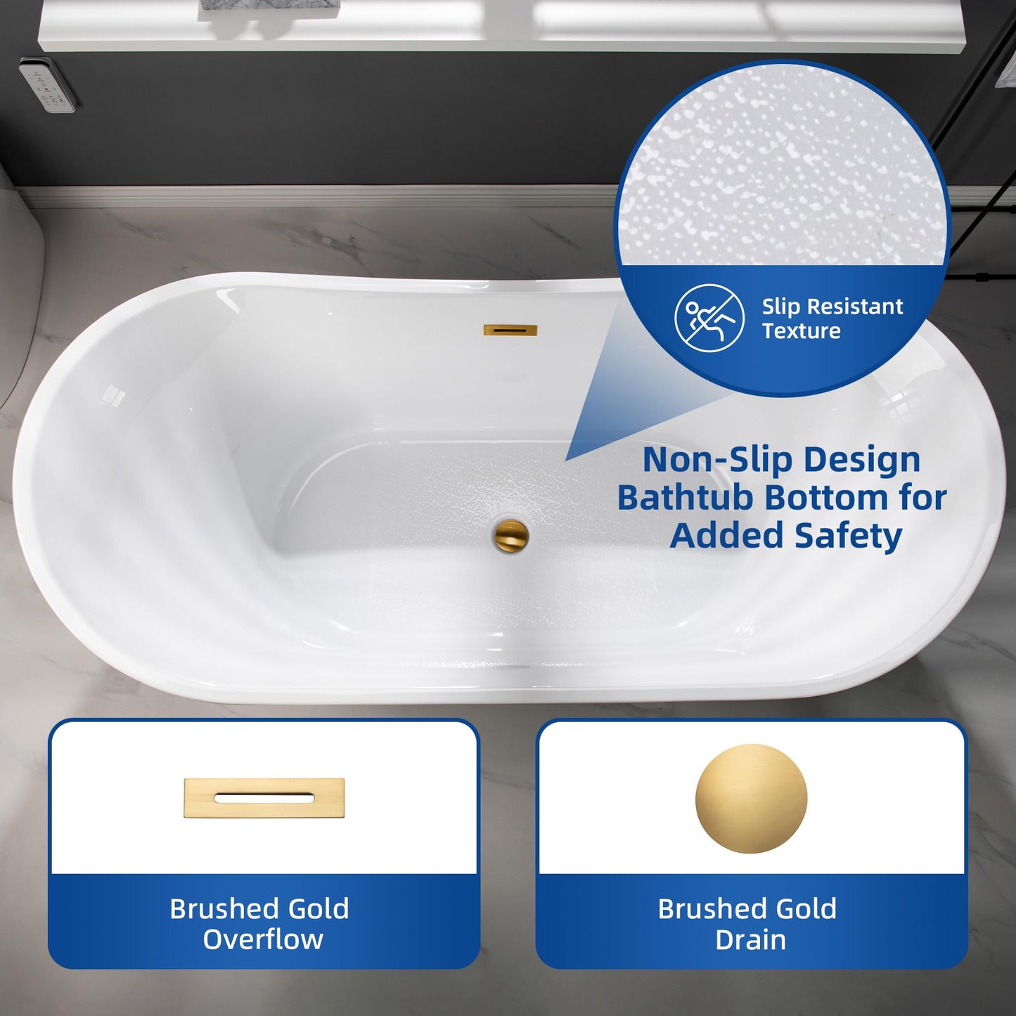 WOODBRIDGE 67" Acrylic Freestanding Bathtub Contemporary Soaking White Tub with Brushed Gold Overflow and Drain,B0010-BG