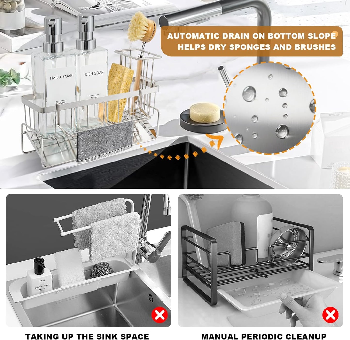 12 oz/350ml Set GMISUN Kitchen Soap Dispenser, Fl Clear Dish Soap Dispenser with Silver Sponge Holder, Customized Glass