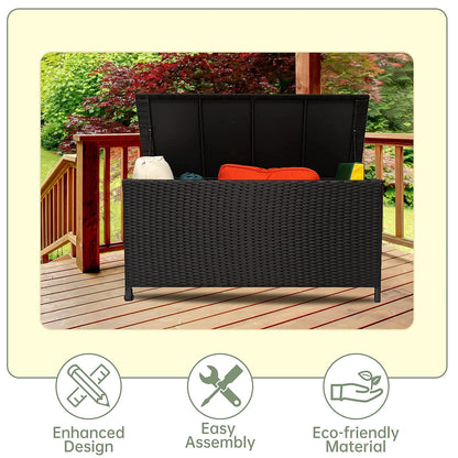Outdoor Wicker Storage Box, Rattan Woven Bin Deck Box, Large Capacity Water-resistant Container for Patio Garden Tools, Pool Toys, Pillows, Cushions (Black)