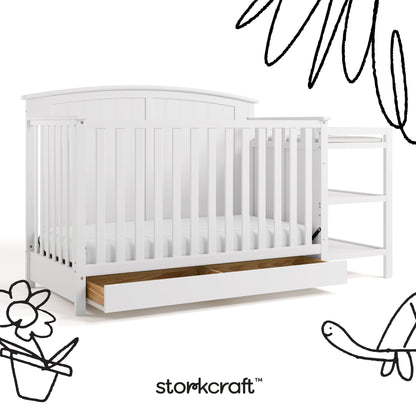 Storkcraft Steveston 5-in-1 Convertible Crib & Changer – GREENGUARD Gold Certified, Fits Standard Crib Mattress, Converts to Toddler Bed and Full Bed, 4 Adjustable Mattress Heights (White)