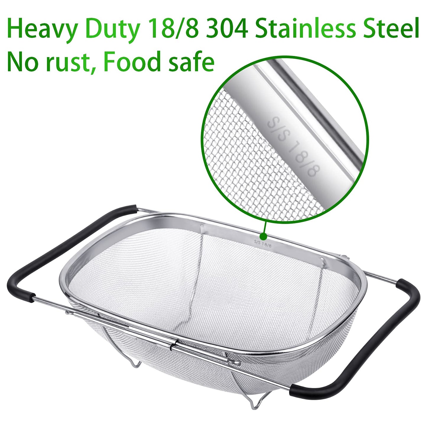 Tiawudi 6-Quart Large Over The Sink Colander, Heavy Duty 40% Thicker 18/8 Stainless Steel Fine Mesh Strainer Basket with Expandable Rubber Grip Handles - Strain, Drain, Rinse Fruits, Vegetables