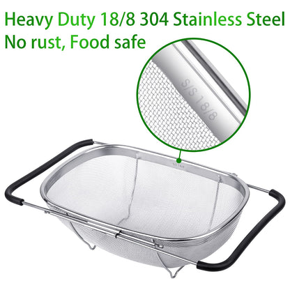 Tiawudi 6-Quart Large Over The Sink Colander, Heavy Duty 40% Thicker 18/8 Stainless Steel Fine Mesh Strainer Basket with Expandable Rubber Grip Handles - Strain, Drain, Rinse Fruits, Vegetables