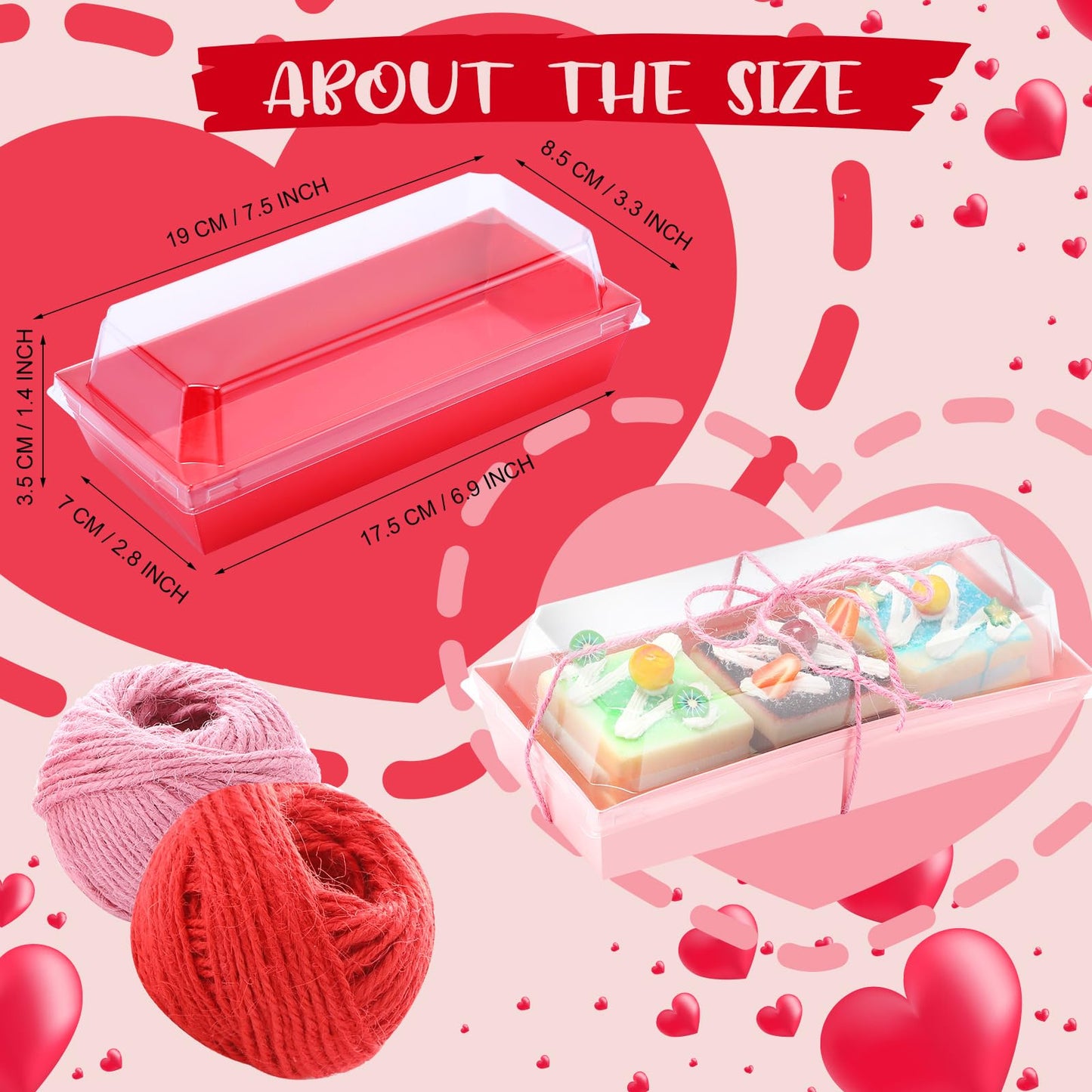 Layhit Valentines Charcuterie Boxes with Clear Lids and Rope Valentine's Day Rectangle Cookie Boxes Pink Red Disposable Dessert Containers for Wedding Anniversary Party Favor Cake Sandwich(50 Sets)