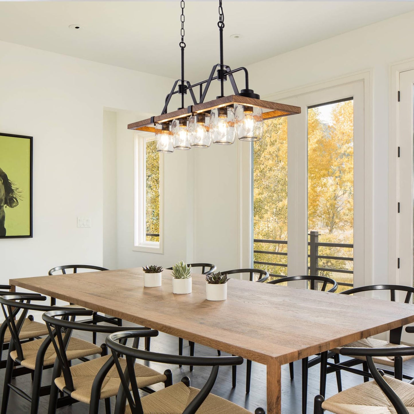 Wellmet Kitchen Island Chandelier, Mason Jar Pendant Light Dining Room, 5-Light Wooden Paint Pendant Light for Living Room, Dining Table, Kitchen, Hallway, Restaurant, 39.3''W