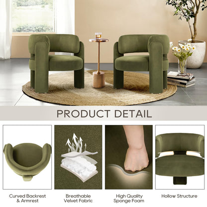COLAMY Modern Velvet Accent Chair Set of 2, Upholstered Barrel Chairs, Comfy Side Arm Chairs with 3 Legs for Living Room, Bedroom, Reading, Green