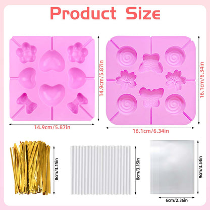 5Pcs Silicone Lollipop Molds Kit, YUX-DTDSU 8 & 12 Holes Hard Candy Molds, Non-Stick Sucker Mold for Making Chocolate, Candy, Cookie, Flower Mold with 100Pcs Lollypop Sticks, Gold Ties, Treat Bags