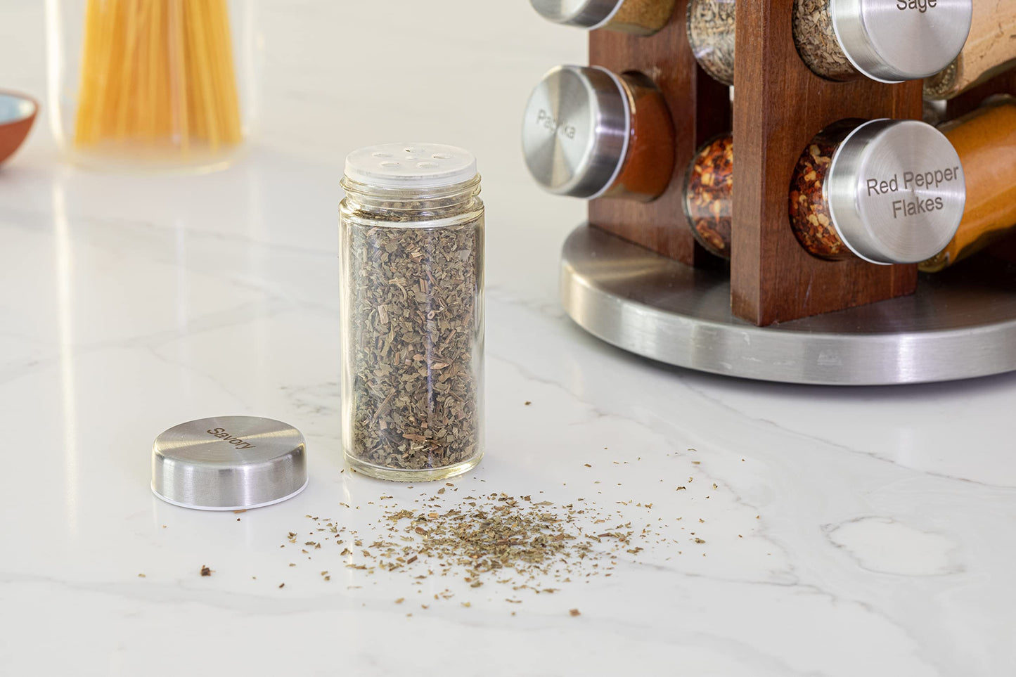 Orii 20 Jar Rotating Dark Acacia Wood Spice Rack with Spices Included & 5-Year Spice Refill Program – Rustic Wood Countertop Spice Rack with Glass Jars