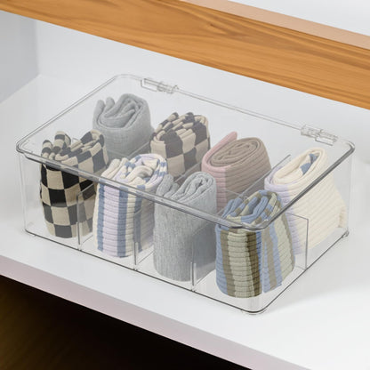 ZEXALOR Plastic Clear Storage Containers, Set of 2 Tea Bag Organizer Boxes 8 Compartments with Lids, Underwear Tie Drawer Organizer, Dresser Organizer (10.8×7×3.7")