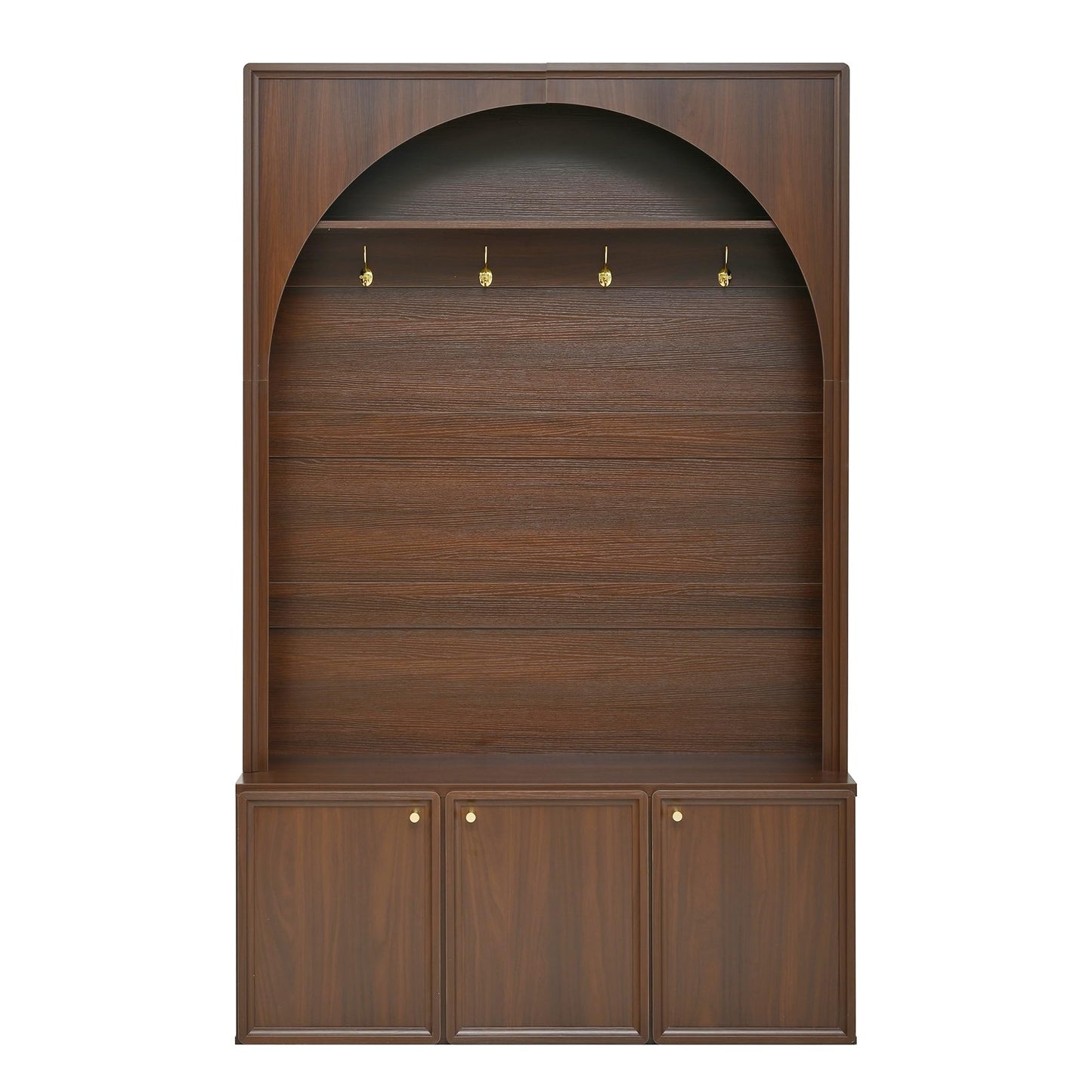 roomfitters Modern Arched Entryway Hall Tree with 3 Storage Cabinets, Upper Shelf and Coat Hooks for Mudroom, Walnut