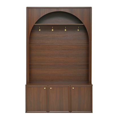 roomfitters Modern Arched Entryway Hall Tree with 3 Storage Cabinets, Upper Shelf and Coat Hooks for Mudroom, Walnut