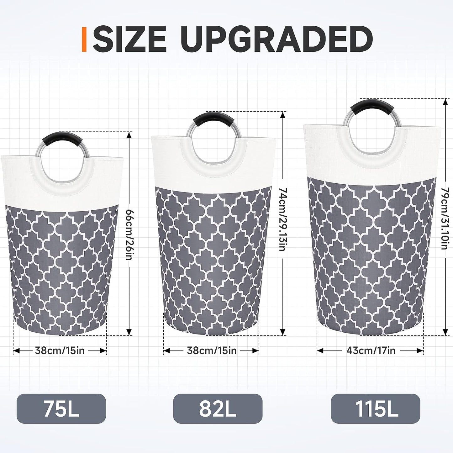 Large Laundry Basket, Collapsible Tall Hamper Bag with Handles for Waterproof Storage (Grey, 82L)