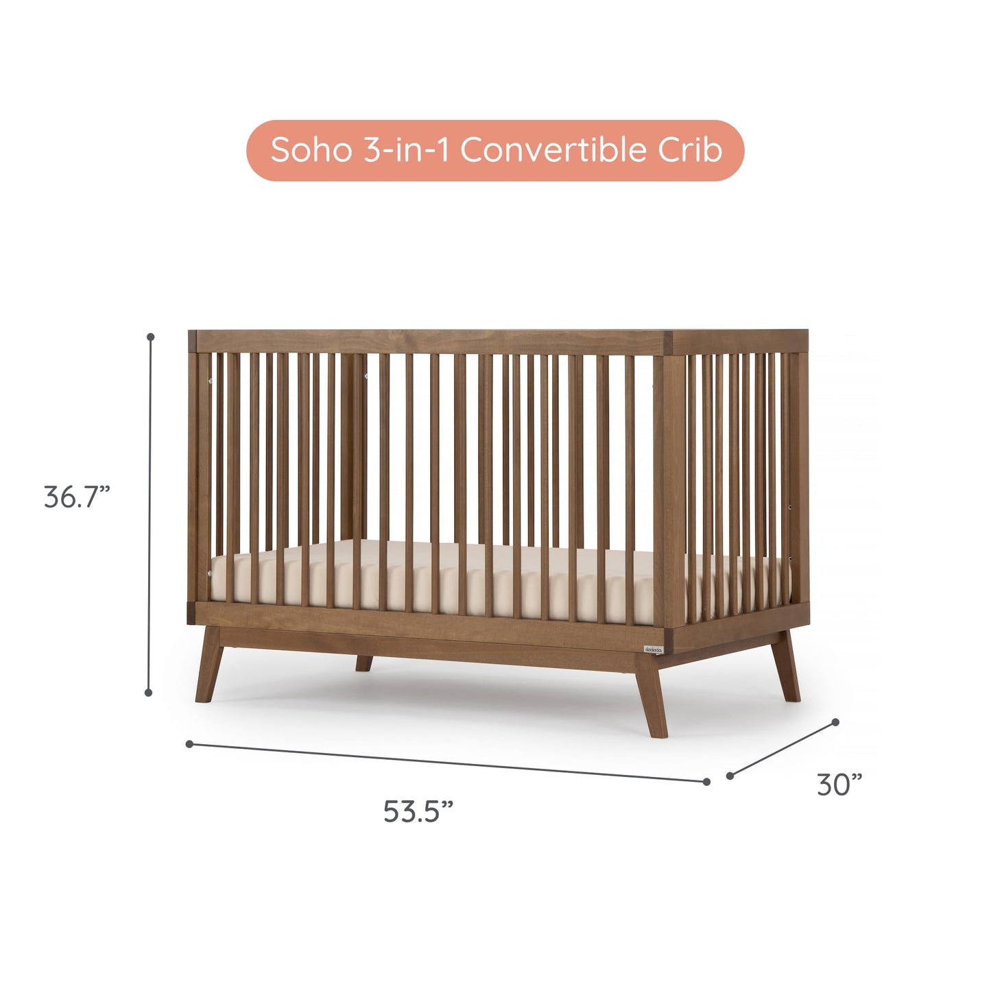 dadada Baby Soho 3-in-1 Convertible Wooden Crib to Toddler Bed - Made in Italy, GREENGUARD Gold Certified, Baby-Safe Finish, Handcrafted Beechwood, Modern Design, 3 Adjustable Heights (Walnut)