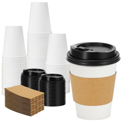 Lamosi 50 Pack 12 oz Disposable Coffee Cups with Lids and Sleeves, Leak-Proof To Go Coffee Cups with Lids, Hot/Cold Beverage White Drinking Cup for Home, Office, Parties, Travel