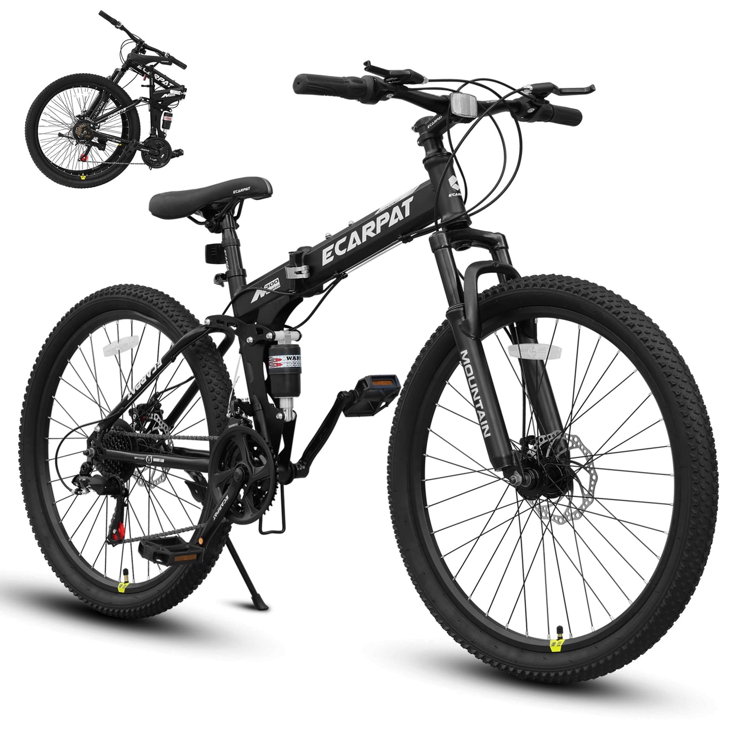 Ecarpat Folding Mountain Bike- 26 Inch Bikes for Adults, 21 Speed Full Suspension Foldable Bike for Men or Womens Bike Riders, High Carbon Steel Frame Dual Disc Brake MTB for Trek and Commuter