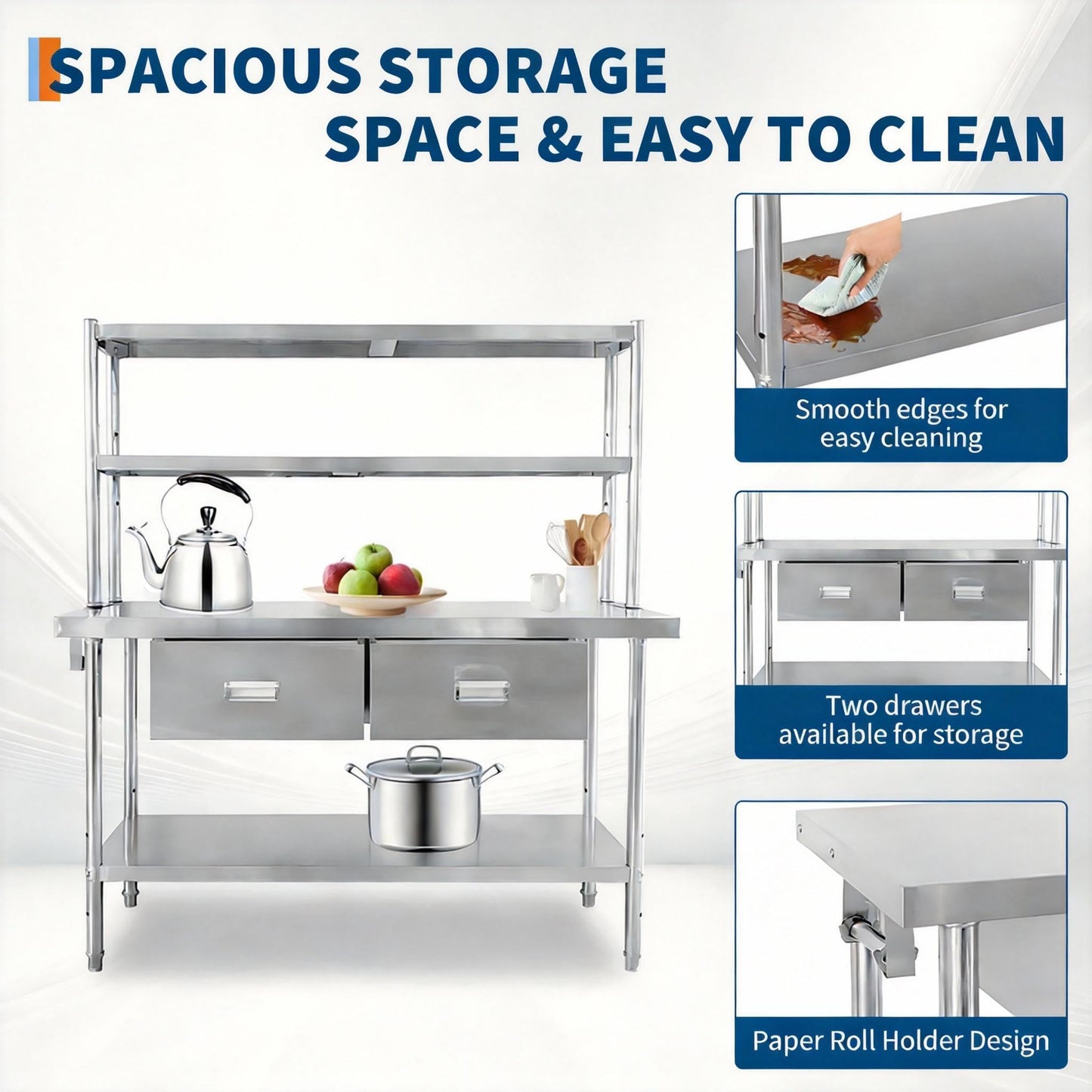 Stainless Steel Table with Shelves & Drawers, 48" x 24" Prep Table for Commercial Kitchen, Heavy-Duty NSF Work Tables Workbench with Adjustable Undershelf for Home Kitchen Restaurant Garage Warehouse