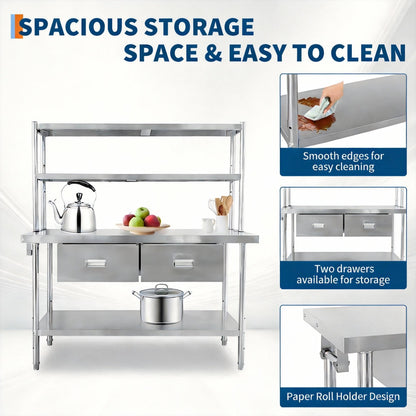 Stainless Steel Table with Shelves & Drawers, 48" x 24" Prep Table for Commercial Kitchen, Heavy-Duty NSF Work Tables Workbench with Adjustable Undershelf for Home Kitchen Restaurant Garage Warehouse