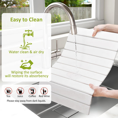 Large Stone Dish Drying Mat for Kitchen Counter, 24"(L)×16"(W), Collapsible Quick Dry Stone Dish Mats, Super Absorbent Diatomaceous Earth Drying Pad for Dishes Bottles Cups, Any Countertop (White)