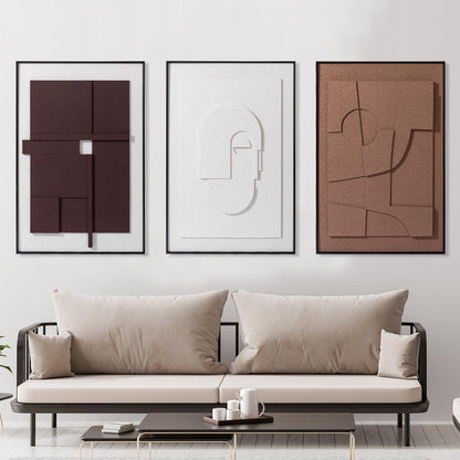 AMAATE 3 Pieces 3D Sandstone Wall Art, Black Metal Framed Modern Abstract Geometric Relief Wall Decor, Brown White Textured Wall Paintings for Living Room Bedroom Office, 24x36 Inches, Ready to Hang