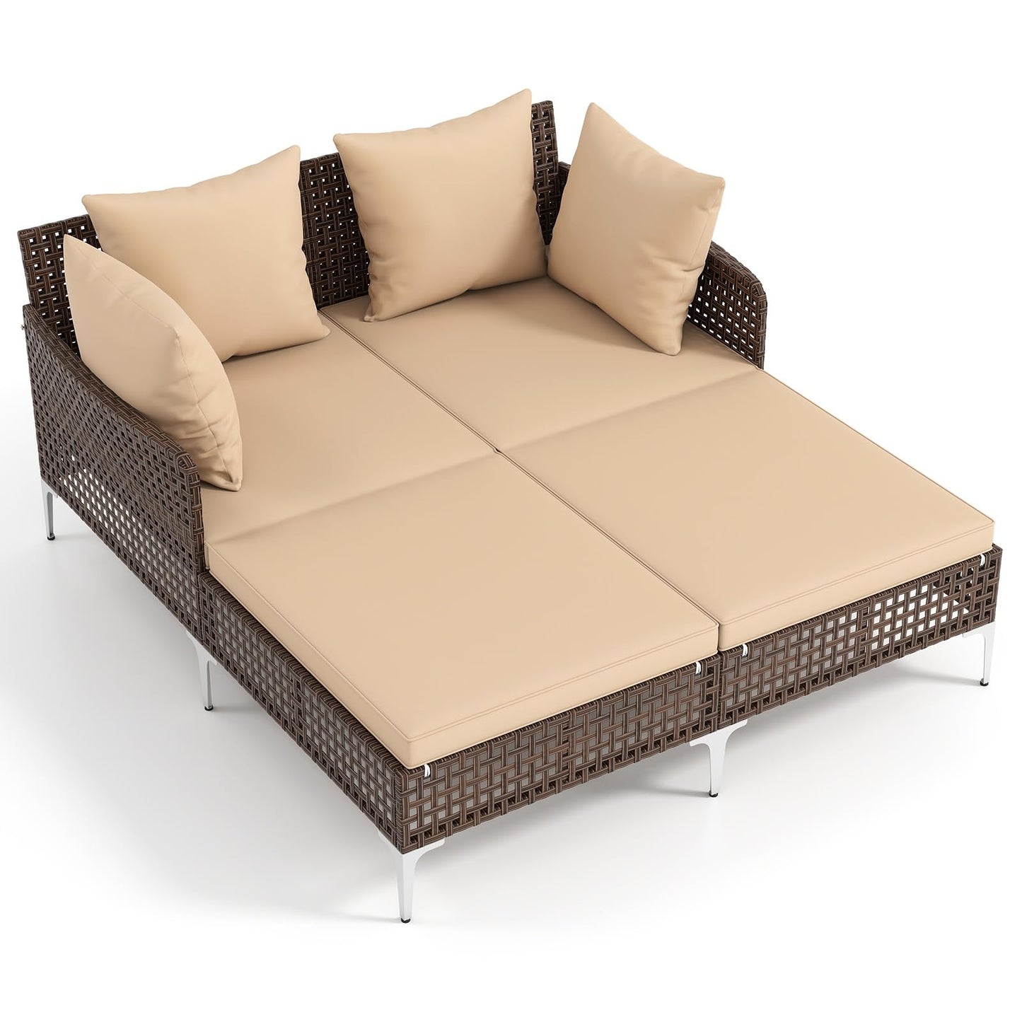 Tangkula Outdoor Rattan Double Daybed, Boho Wicker Chaise Lounge for 2 with Seat & Back Cushions, Outdoor Sunbed Loveseat with Metal Support for Backyard, Poolside & Deck (Brown)