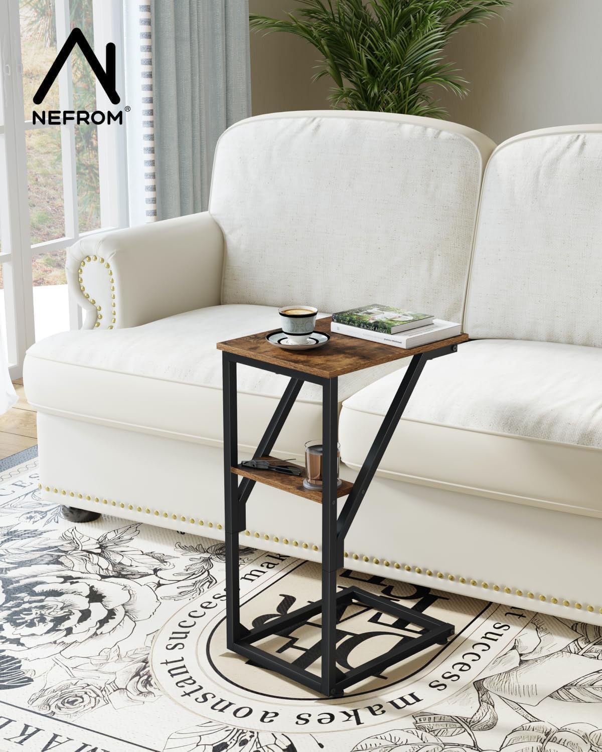 NEFROM ET-D-BR1 C-Shaped End Table, Small Couch Side Table, Sofa TV Tray Table for Living Room, Bedroom, Bedside