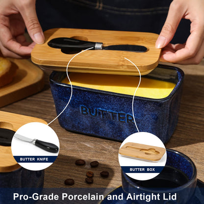 Vicrays Porcelain Airtight Lid Butter Container with Knife - Large Blue Butter Keeper Crock for Countertop