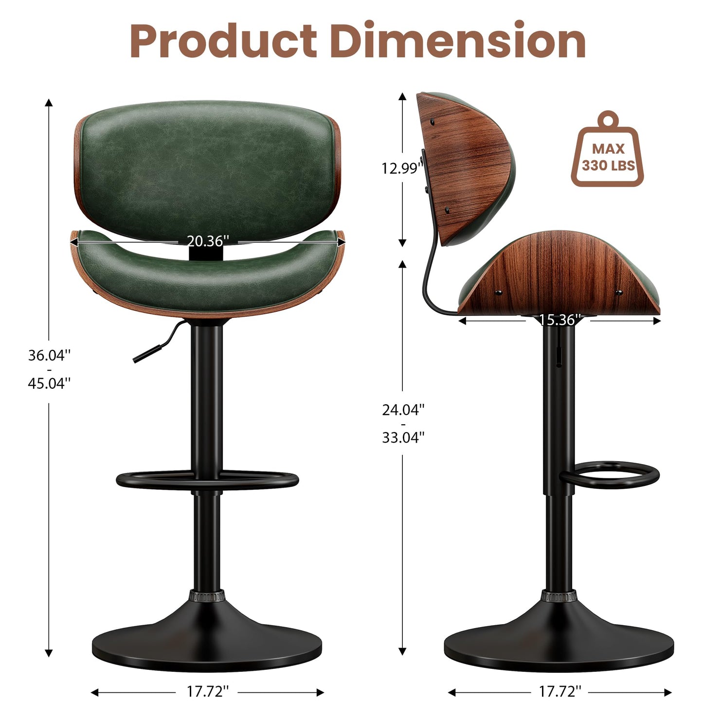 YaFiti Bar Stools Set of 4, Bentwood Adjustable Height Swivel Bar Stools, PU Leather Upholstered Bar Chair with Back and Footrest for Bar, Kitchen, Green