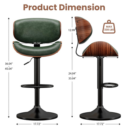 YaFiti Bar Stools Set of 4, Bentwood Adjustable Height Swivel Bar Stools, PU Leather Upholstered Bar Chair with Back and Footrest for Bar, Kitchen, Green
