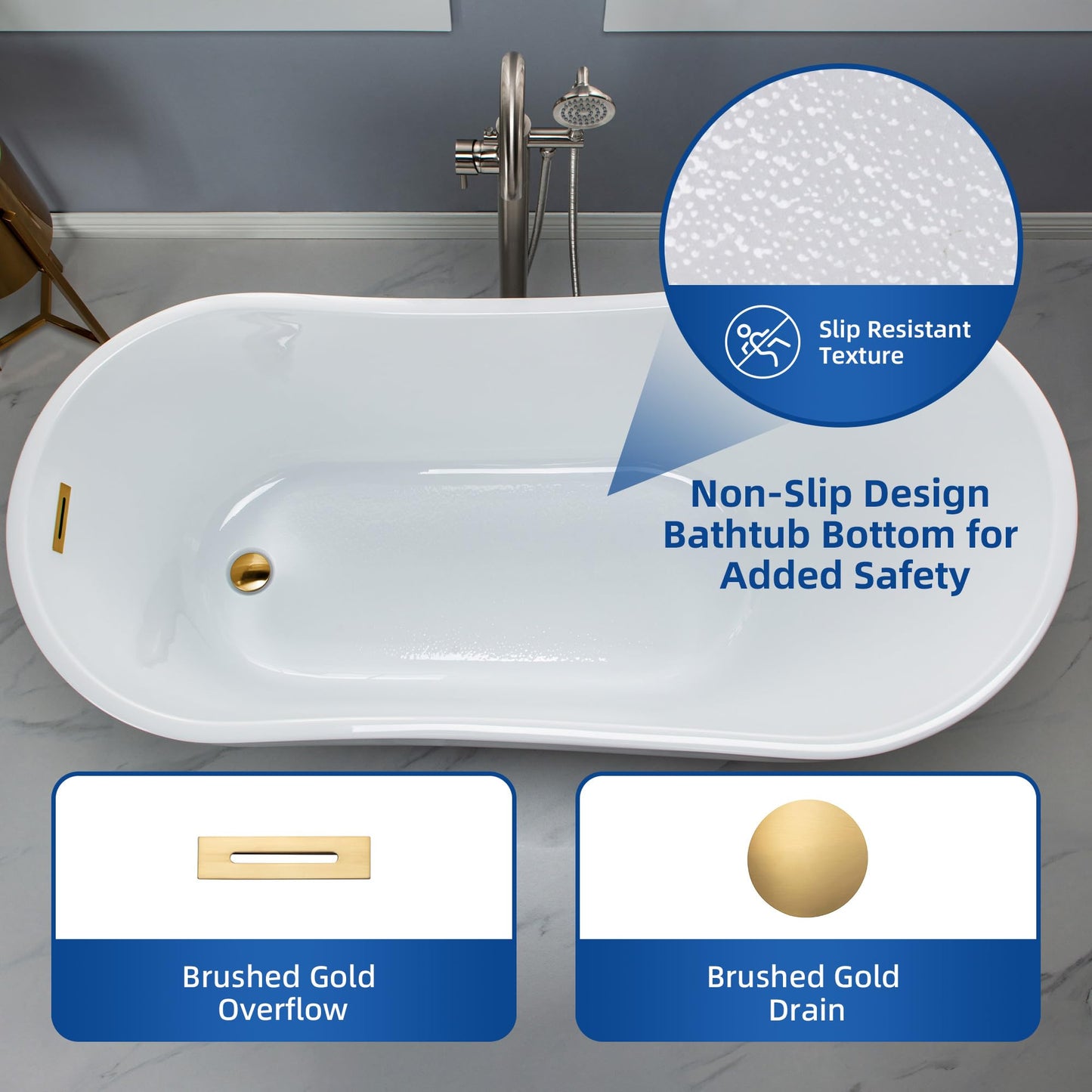 WOODBRIDGE 59" Acrylic Freestanding Bathtub Contemporary Soaking White Tub with Brushed Gold Overflow and Drain，B1530-BG-Drain&O