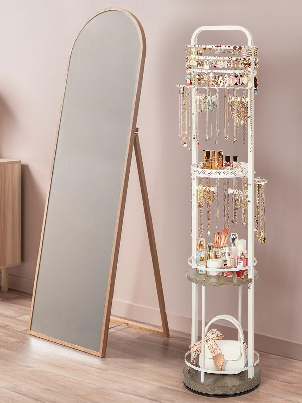 Jewelry Holder Organizer, Floor Jewelry Organizer with Earring Organizer Necklace Holder, Rotating Jewelry Stand Necklace Display Earring Storage, Large Hanging Jewelry Tree for Jewlery Bracelet Ring
