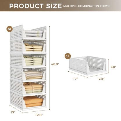 Pinkpum 6 Pack Closet Organizers Storage Bins, Stackable Plastic Drawer Basket for Clothing, Stackable Storage Bins Shelf Storage Container for Closet Wardrobe Bedroom Bathroom Office White