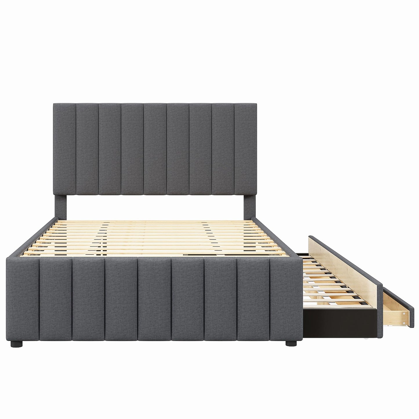 Merax Full Size Upholstered Platform Bed with Trundle and 3 Storage Drawers, Full Bed Frame & Tall Stripe Headboard for Bedroom, Solid Wood Slats Support, No Box Spring Needed, Easy Assembly, Gray