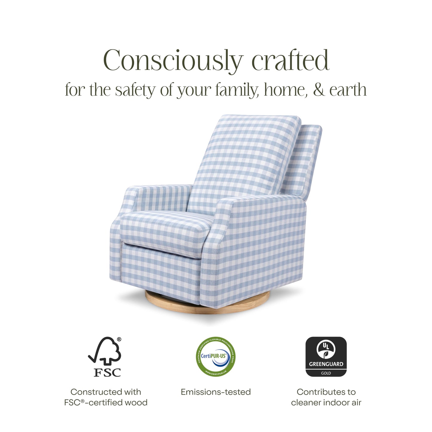 Namesake Crewe Glider Recliner Nursery Chair - GREENGUARD Gold & Certi-PUR US Certified Rocker Recliner - Glider Rocking Chair for Nursery & Living Room - Electronic, 270° Swivel, Blue Gingham