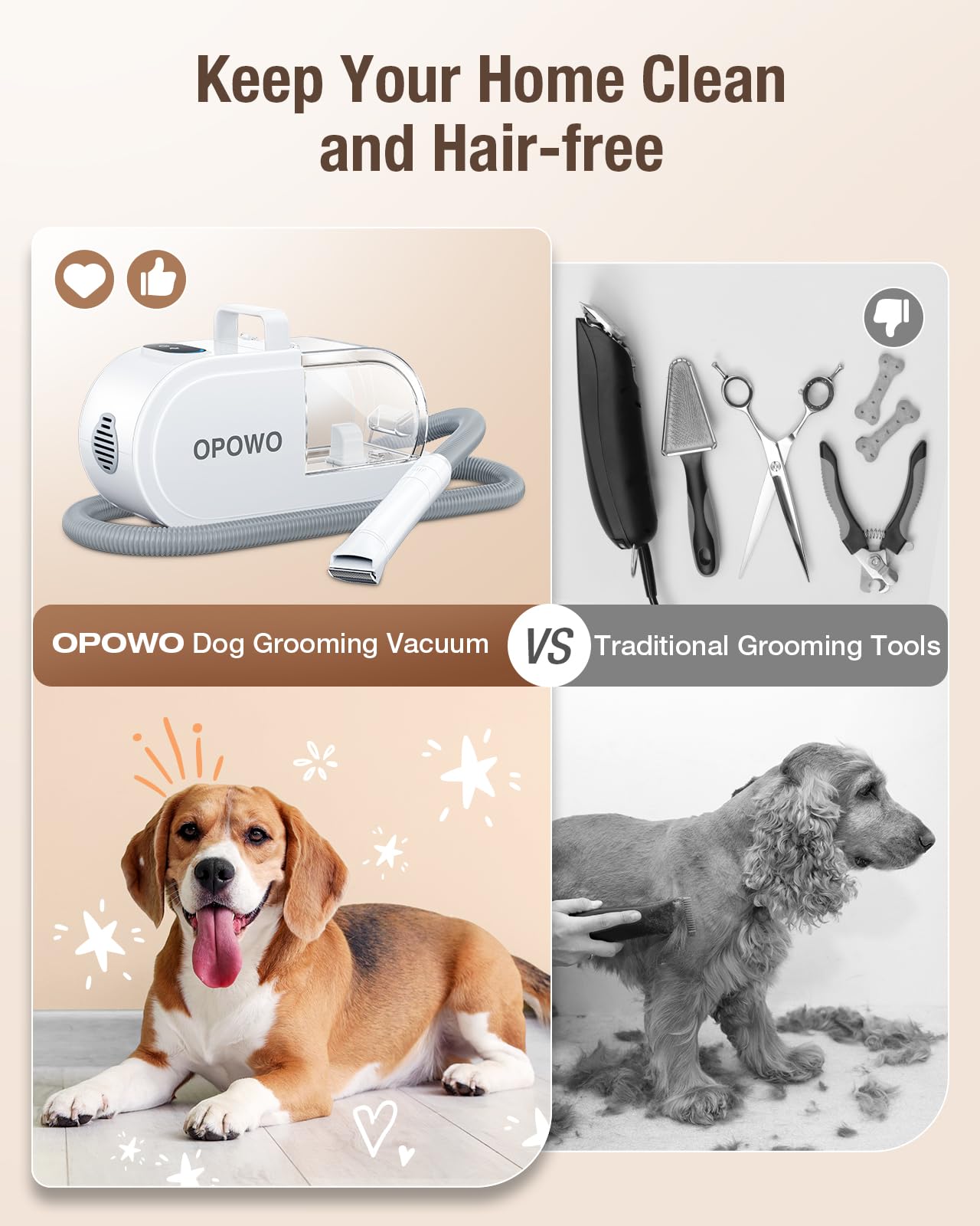 OPOWO Dog Grooming Vacuum, 2.7L Dog Hair Vacuum with Clipper Nail Grinder Paw Trimmer, 3 Suction Modes, Low Noise Groomer with 7 Pet Grooming Tools, Pet Grooming Vacuum for Dogs Cats