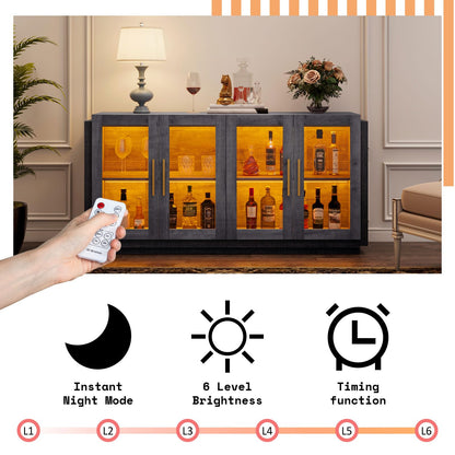AMERLIFE Sideboard Buffet Cabinet with LED Lights, Mixed Color Accent Cabinet with Glass Doors and Adjustable Shelf, Hallway Storage Cabinets Console Table for Living Room, Dining Room, Black and Gray
