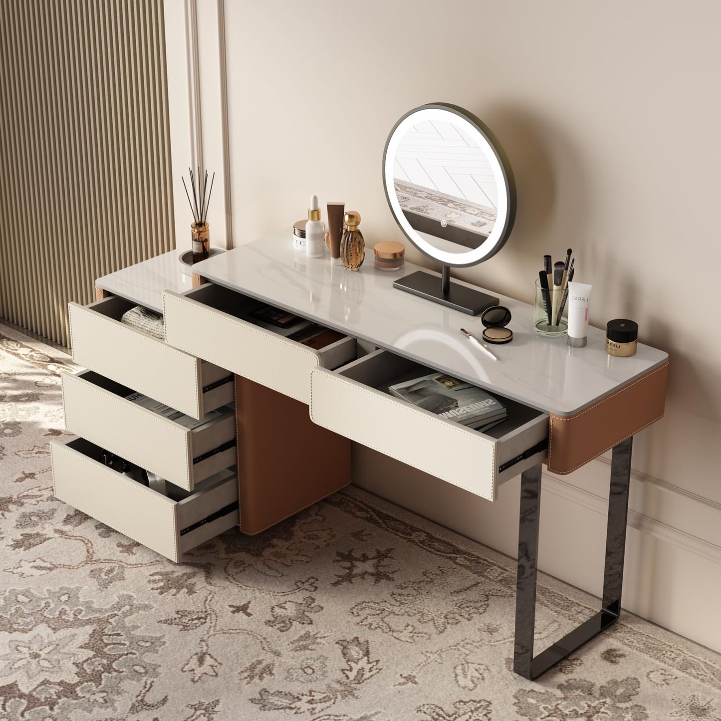 Lartis Faux Leather Makeup Vanity Desk Set with LED Lighted Mirror Luxury Dressing Makeup Table with Storage Drawers & Vanity Stool, Vanities (Brown/Gray)