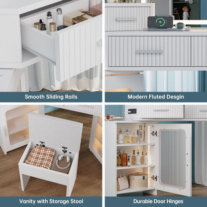 Corner Vanity with Mirror and Lights, Corner Makeup Vanity with 4 Drawers & 2 Cabinets, Vanity Set with Tri-Way Mirrors and Cushioned Stool, Big Vanities with Power Outlet Perfect for Bedroom, White