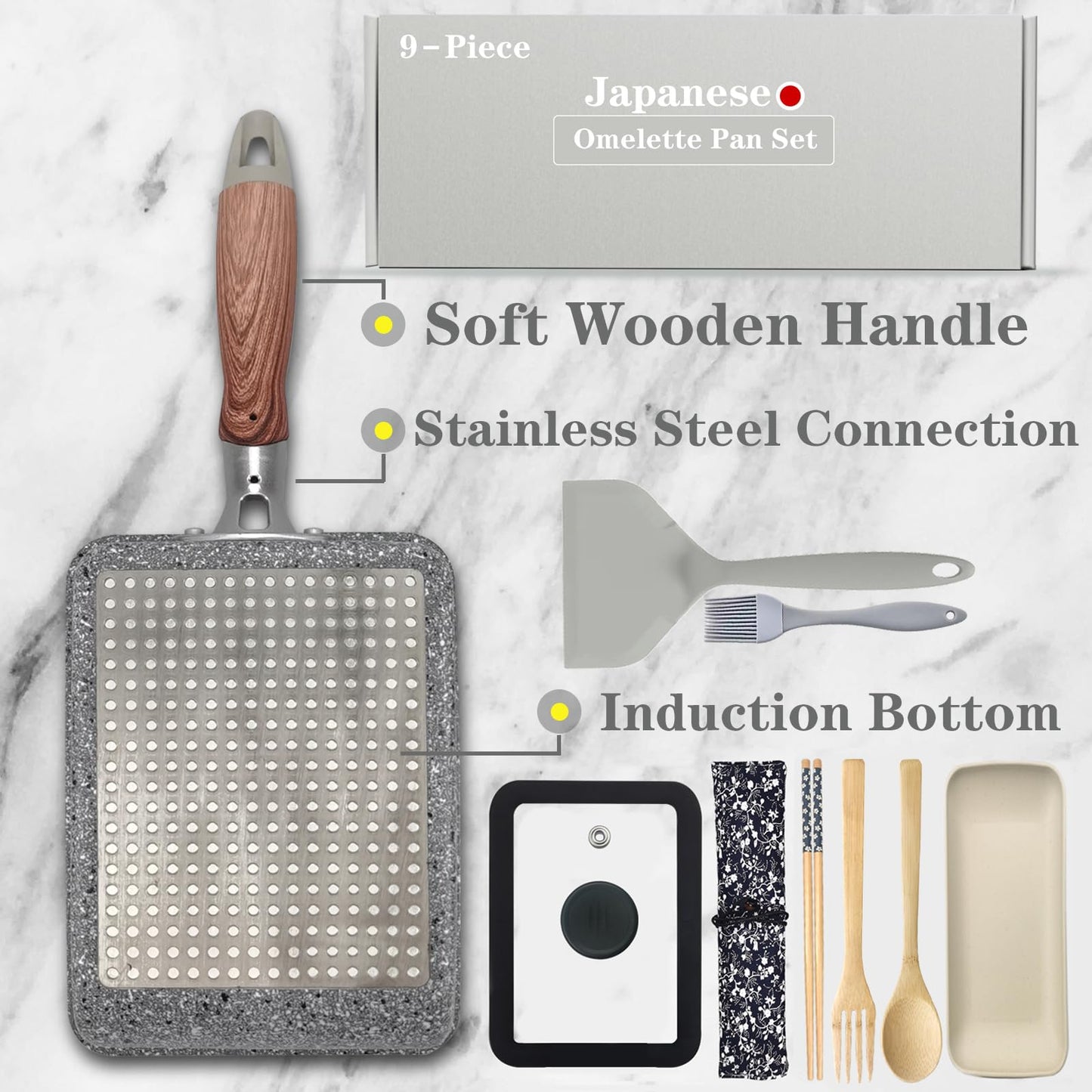DXBVIEX 9Pcs Tamagoyaki Pan Set, Japanese Omelette Pan Nonstick with Lid, Square Japanese Egg Skillet Rectangle 7"x5" Grey
