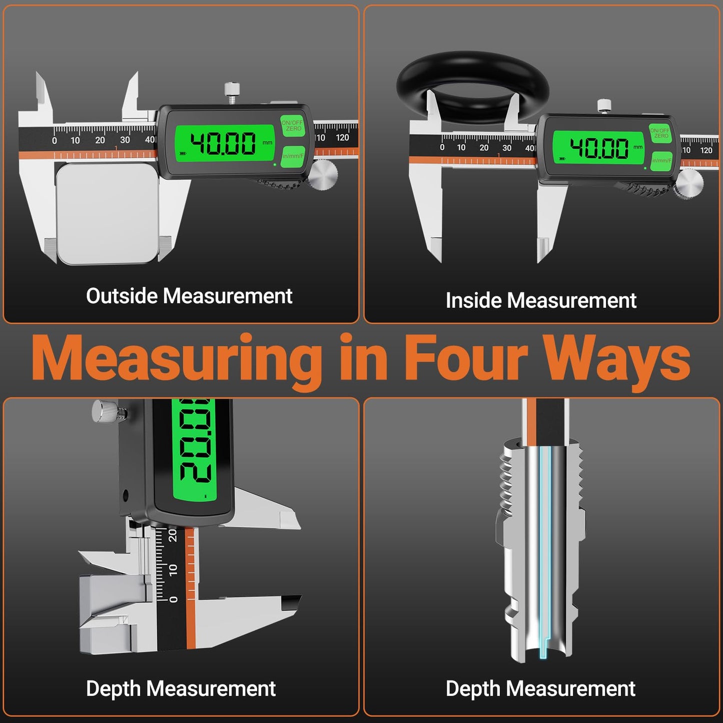 Digital Caliper, Type-C Rechargeable Stainless Steel Vernier Caliper, F/MM/in Conversion, Large LCD, USB Charging Digital Caliper Measuring Caliper for DIY, Woodworking & Professional Use (Black)