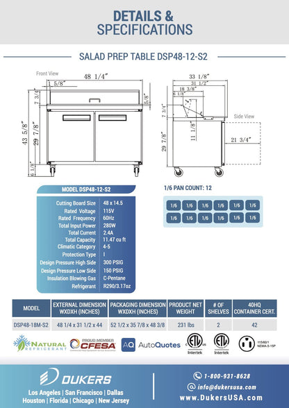 Dukers DSP48-12-S2 11.4 cu. ft. 2-Door Commercial Food Salad Sandwich Prep Table Refrigerator 48" inch