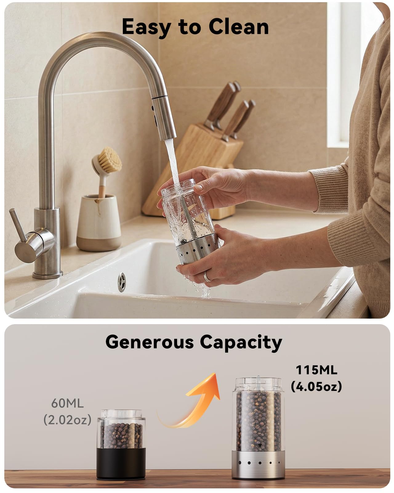 TOMEEM Rechargeable Electric Salt and Pepper Grinder Set, 115ml Large Capacity Stainless Steel Automatic Pepper Mill with Storage Base, LED Display and Light, 5 Adjustable Grind Settings