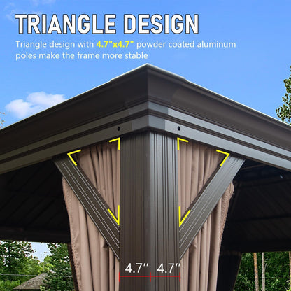 GOWE 14x22FT Hardtop Gazebo, Outdoor Gazebo with Galvanized Steel Double Roof, Aluminum Frame, Built-in Gutter System, Curtain and Netting, Metal Gazebo Pavilion for Patio Deck Garden, Brown