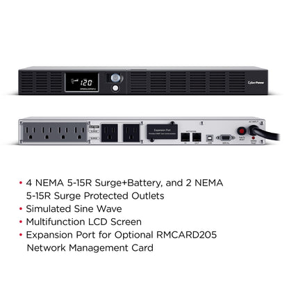 CyberPower OR500LCDRM1U Smart App LCD UPS Battery Backup and Surge Protector, 500VA/300W, 6 Outlets, AVR, 1U Rackmount, UL Certified