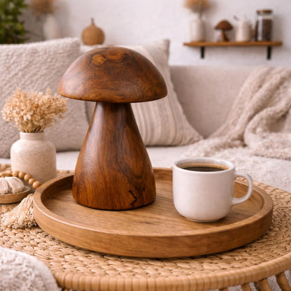 JOLLYMER Handmade Teak Wood Mushroom Decor Statue, Rustic Wooden Sculpture Accent for Living Room, Boho Tabletop Figurine, Natural Solid Wood Home Decoration for Indoor