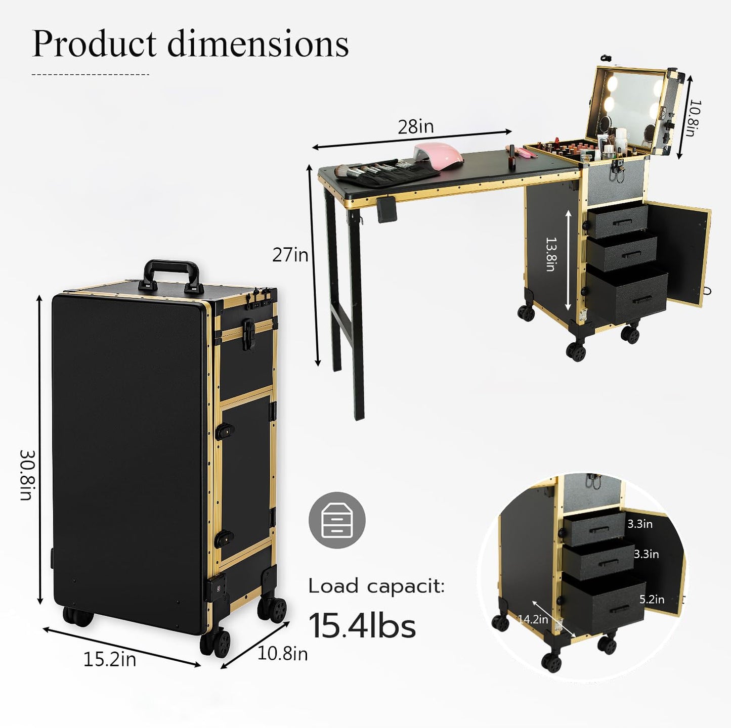 Gdsshuhung Portable Nail Desk with LED Mirror, Heavy Duty Foldable Manicure Table with 3 Drawers, Rolling Makeup Train Case Cosmetology Trolley on Wheels, Mobile Nail Tech Workstation (Gold)