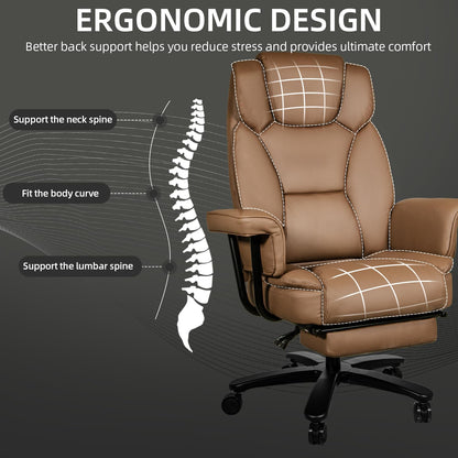 Sucrever Reclining Office Chair with Footrest, Big and Tall Home Office Desk Chairs 400lbs with High Back, Criss Cross Wide Seat, Heavy Duty Base, Pu Leather, Brown