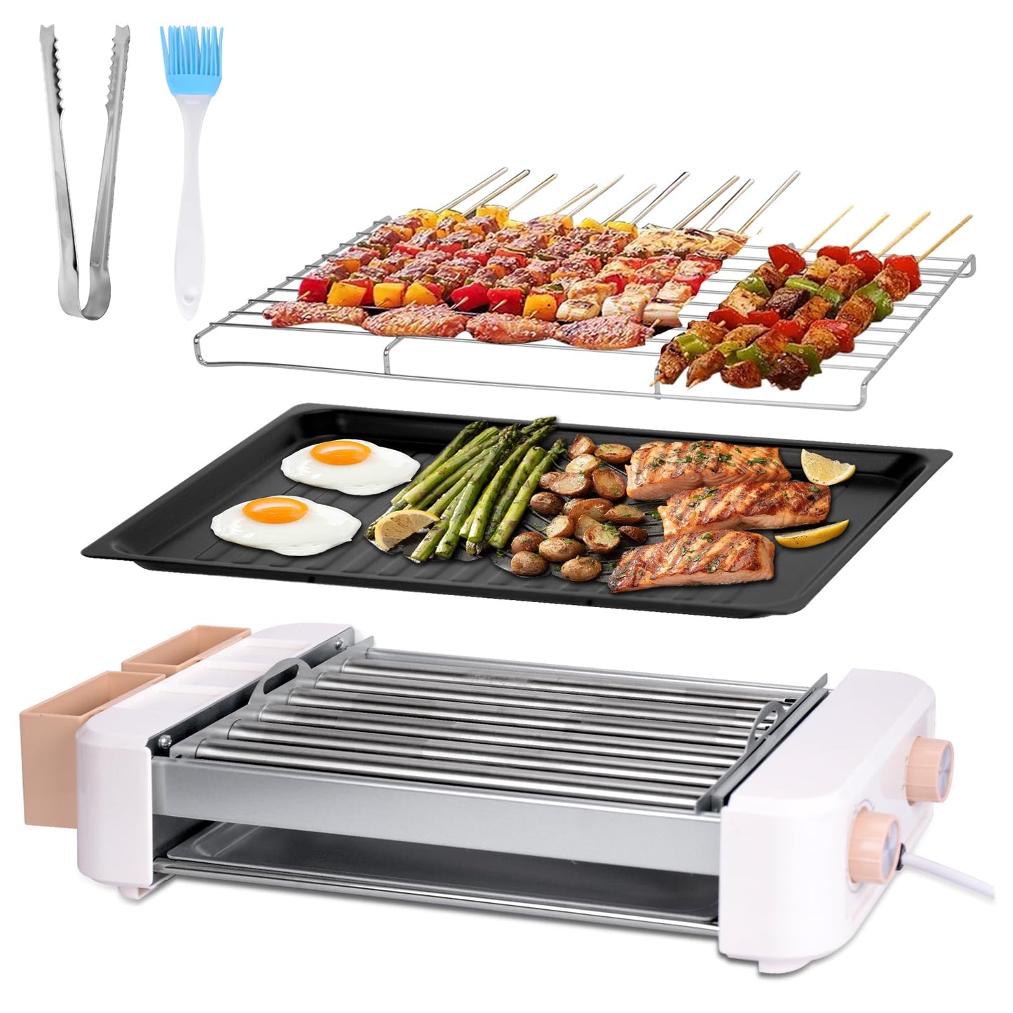 Electric Hot Dog Roller 6 Rollers - 3 in 1 Indoor Grills Portable with Non-stick & Smokeless Removable Grill & BBQ Griddle Plate,Stainless Sausage Grill Cooker Machine, for Family party Use