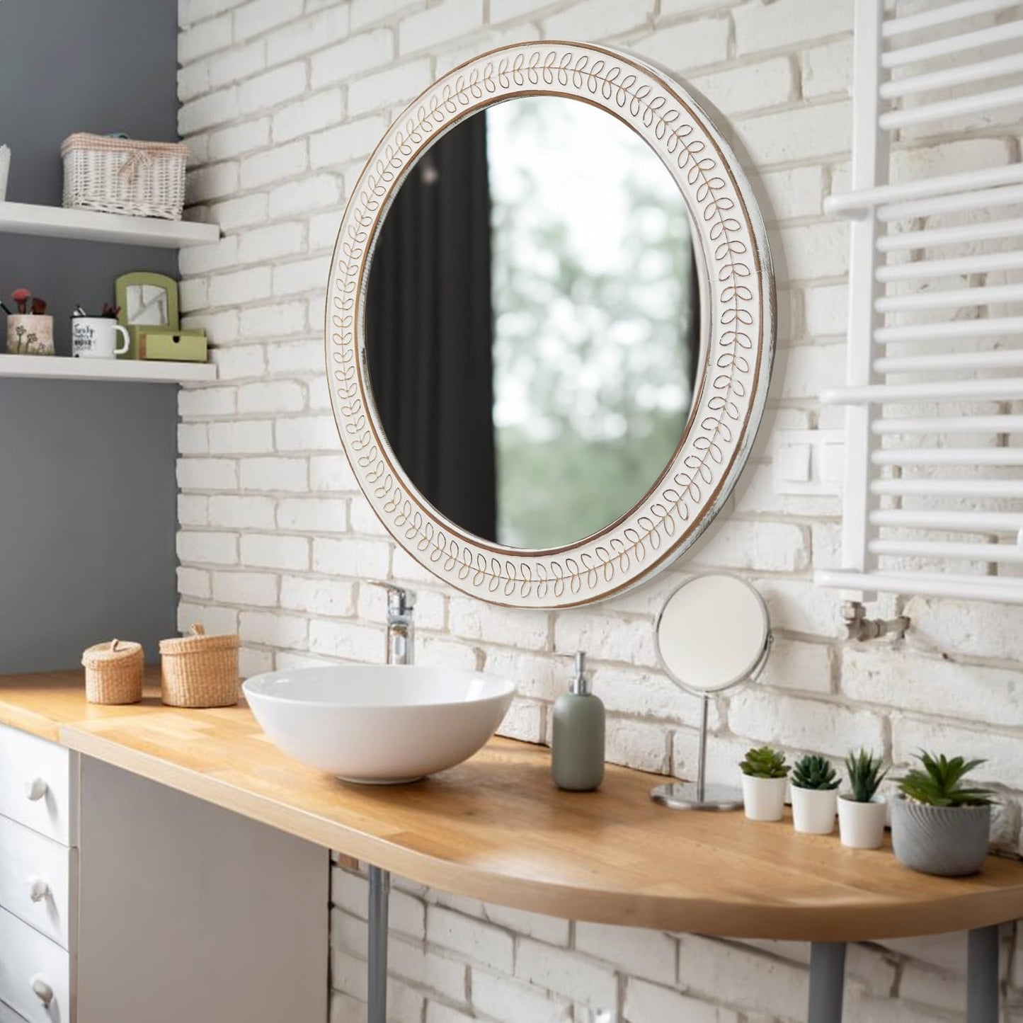 fuxuiwy 24 inch Round Rustic Wooden Mirrors, Distressed Circle Mirror for Bathroom, Bedroom, Living Room, Entryway, Fireplace, Hall