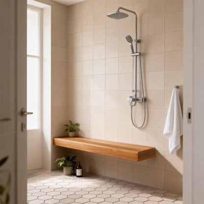 Minimalist 60″Floating Teak Shower Bench: Warm, Easy to Install (No Tile!), Holds 670 lbs for a Modern Bathroom.