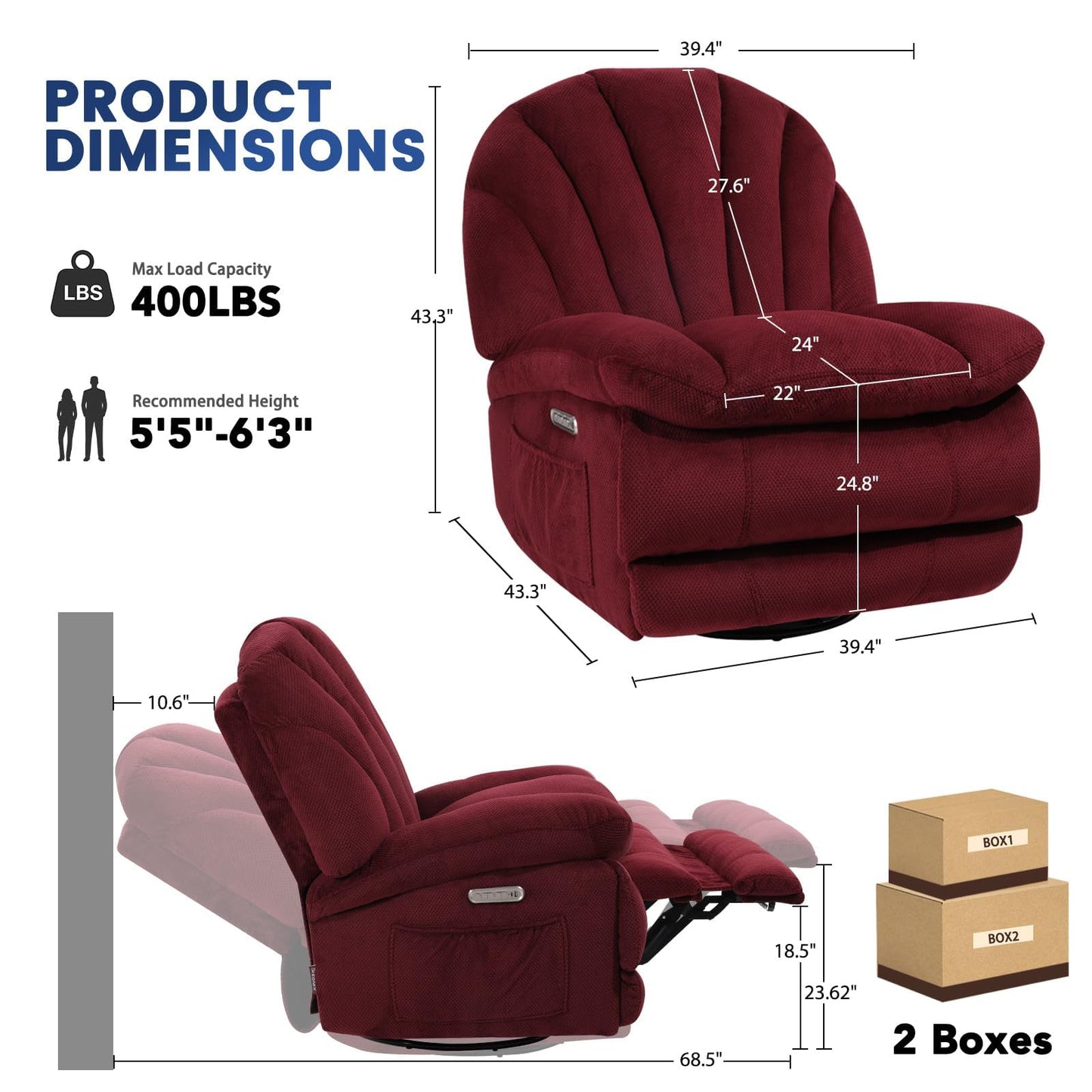 EONIX Dual Motor Power Swivel Rocker Recliner Chair for Living Room, Power Adjustable Backrest and Extended Footrest, Shell Shape Recliner Chair with USB Charging Ports, SXXY004021, Burgundy